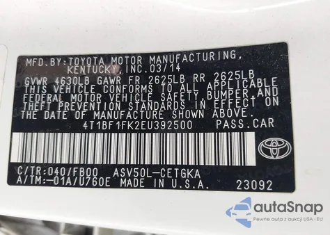 2014 Toyota Camry Xle z USA, uszkodzony, nr VIN 4T1BF1FK2EU392500